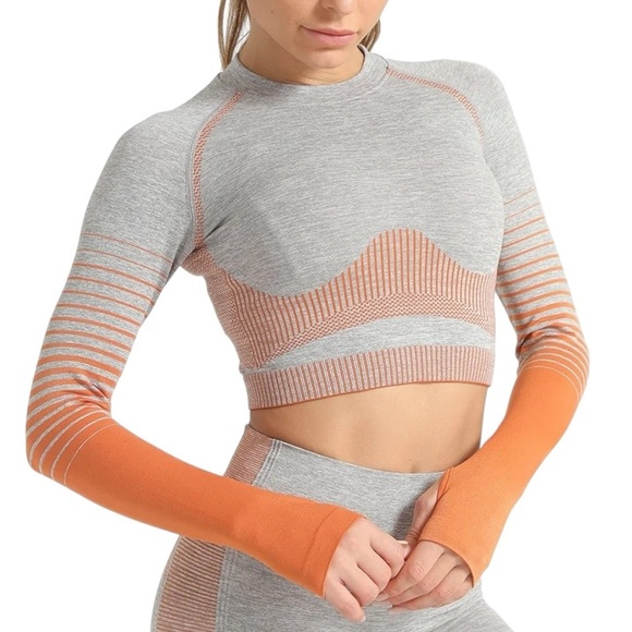 DHgate Tops - DHgate Heather Gray and Orange Ombré Long Sleeve Activewear Crop Top Size Small